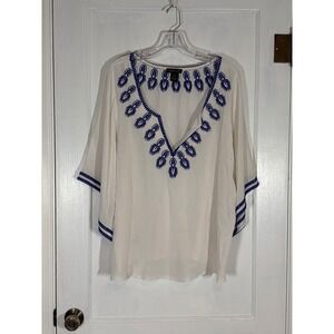 AS by DF White 100% Silk Embroidered Beaded V-Neck Kimono Sleeve Blouse Large